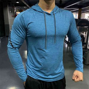 Gym Men T Shirt Casual Long Sleeve Slim Tops Tees elastic T-shirt Sports Fitness Thin comfort breathable Quick dry Hooded L220704