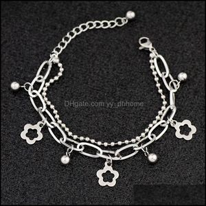 Charm Bracelets Jewelry Hollow Flower Double Layer Lovely Beads Stainless Steel Bracelet Gift Drop Deliver Dhwo3