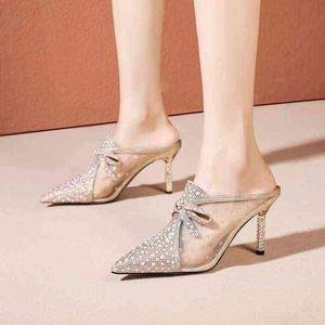 2022 Summer New Pointy High Heels Fashion Stiletto Sandaler Rhinestones Cool Slippers For Women Outside Stiletto Womens Shoes G220527