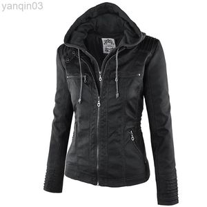 Fashion Winter Faux Leather Jacket Kvinnor Basic Jackets Hooded Black Slim Motorcykeljacka Kvinnor Rockar Kvinna XS-7XL L220801