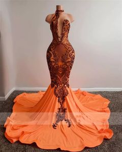 Seksowna ASO EBI Style Pomarańczowa Sukienka Promowa dla czarnych dziewcząt Hlate szyja Sweet pociąg plus size