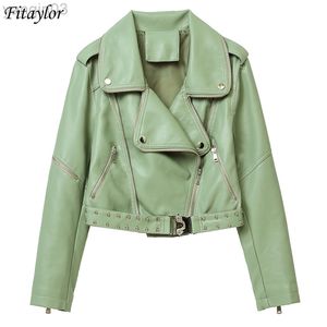 Fitaylor Sonbahar Kış Kadın Bikter Paltosu Yumuşak Sahte Deri Ceket Siyah Yeşil Moto Ceket Sokak Punk Outwear Slim PU Basic Coats L220801