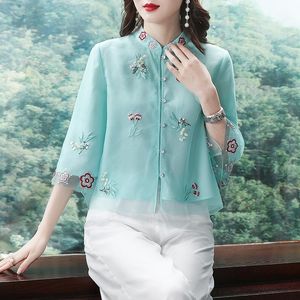 Retro ethnischen Stil Stickerei verbesserte Cheongsam chinesische Frauen Tang Top Shirt 2022 Sommer T-Shirt