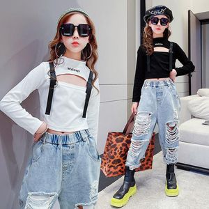 Clothing Sets Teenage Children's Outfits Girls' Suit Spring Autumn O-neck Top Loose-fit Jeans Two-piece Tracksuit For KidsClothing