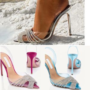 صندل الكعب الخنجر للسيدات أزياء راينستون المصممين المصممين من خلال حذاء أعلى جودة الجودة شفافة 9.5 سم الكعب الخلفي HIG
