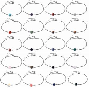 Silver Chain Healing Crystal Bracelet Wristbands 8MM Stone Beads Chakra Gemstone Cuff Bangle Anklet Jewelry Adjustable for Men Women Teen Girl