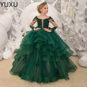 2122 Vestidos de menina de flor bonito para casamento Off Off Verde Lace Floral apliques em saias de camadas meninas desfrutar as crianças vestidos de festa de aniversário
