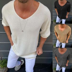 Herren T-Shirts Männer Mode Solide Strick T-shirt Herbst V-ausschnitt Schlanke Tops Pullover Streetwear Casual Frühling Halbe Hülse