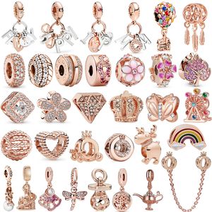 Charm-Anhänger aus 925er-Sterlingsilber, neu, 1 Stück, niedlich, Original-Roségold, Krone, Schmetterling, Regenbogen, DIY-Perlen, passend für Pandora-Charms, Armbänder, DIY-Schmuckzubehör