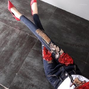 Autumn 3D Red Rose Sequins Jeans Without Ripped Women Fashion Flowers Denim Skinny Women's