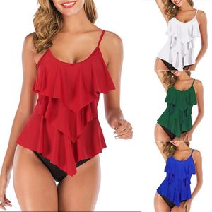 Tyakkve duas peças de banho de banho de biquíni 2019 Solid High Swimsuits Ruffle Bikinis Swimming Swomming Women Tankini Bathing Suit T200708