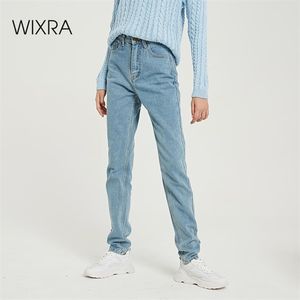 Wixra Basic Jeans 소프트 팬츠 하렘 청바지 암컷 스트레이트 똑바로 모든 일치 기본 하이 허리 청바지 펨메 롱 데님 바지