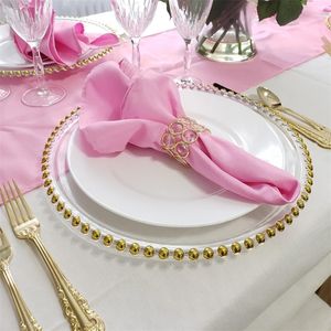 1PC Clear Charger Plate with Gold Beads Rim Acrylic Plastic Decorative Service Plates Dinner Serving Wedding Xmas Party Decors 220307