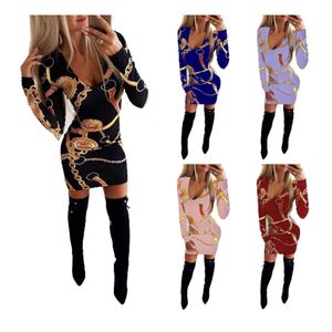 Fashion Chain Print Pencil Dress For Women Long Sleeve V-neck Hip Wrap Bodycon Mini Dresses 19005