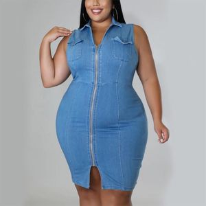 Casual Dresses 5xl Överdimensionerad jeansklänning Slå ner krage ärmlösa dragkedja stängning knä längd bodycon hög midja mode denim klänningcasu