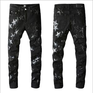 Męskie dżinsy hip hop High Street Fashion Retro Torn Fold Sching Woemns Designer Motorcycle Riding Slim Pasping Casual Pants Brand Hole Jean #100