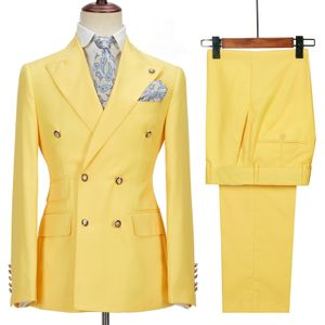 New Business Men's Suit 2 Pieces Yellow Slim Fit Double-Breasted Peaked Lapel Fashion Groom Best Man Wedding Party Tuxedos