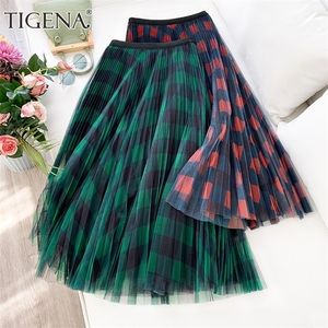 TIGENA Long Plaid Tulle Skirt Women Fashion Summe Elegant A Line High Waist Pleated Checked Maxi Female Ladies Green 220401