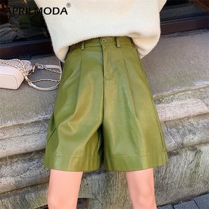 2020 Autumn Winter PU couro de couro meia calça alta cintura verde chique de perna larga calça de rua punk calça vintage bolso t200422