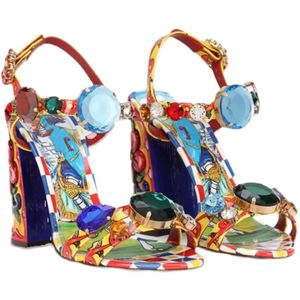 2023 mulheres senhoras genuínas sandálias de patente vestido sapatos chuckly saltos altos bohemia peep-toe festa de casamento sexy impressão fivela cinta diamante colorido tamanho 35-43 2 saltos