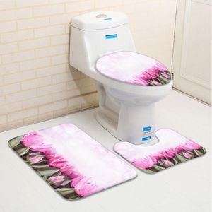 バスマット3PCS/セットバスルームマットスプリング新鮮な花バタフライピンクの花紫色のチューリップデイジーバスタブトイレカーペットノンスリップラグ装飾