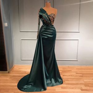 Sexy One Shoulder Mermaid Evening With Beaded Dark Green Satin Party Dresses Custom Made Floor Length Prom Gowns