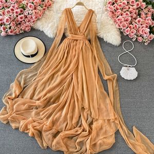 Novo vestido maxi feminino para férias na praia até o chão decote em V chiffon cintura alta vestidos de expansão grande SML