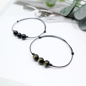 Braccialetti con ciondoli Corda in pelle Bracciale in pietra naturale Occhio di ossidiana Cristallo semplice Perline regolabili Bracciale a mano nera per uomo DonnaFascino CharmC