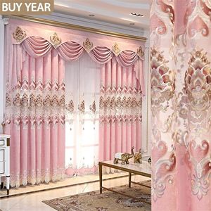 Cortina européia de estilo para sala de jantar quarto chenille tecido bordado rosa janela de tule 220511