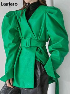 Lautaro Spring Green Pu Leather Jackets for Women with Puff Long Sleeve Belt Runway Stylish Luxury Designer Clothes Fashion 2022 L220728