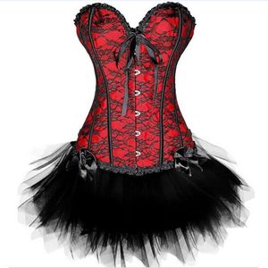 Bustiers & Corsets Plus Size 6XL Sexy Gothic Satin Lace Corset Top G-string Skirt Bustier Mini Tutu Wedding Dress Costume Black LingerieBust