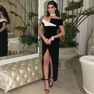 Saudi Arabia Black and White Midi Party Prom Dresses Off Shoulder Sequined Ankle Length Satin High Side Split Formal Evening Gowns Custom Made