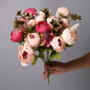13 huvuden Peony Silk Artificial Vintage Bouquet Fake Peonies Flowers for Home Table Centerpieces Wedding Decoration 220622