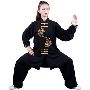 Tracksuits feminino estilo chinês Bordado Tang Terno de Manga Longa Algodão Casual Soltos Soltos Tai Chi Plus Size Suits Uniforme de Artes Marciais