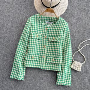 Novo design feminino outono tweed lã cor verde houndstooth xadrez grade jaqueta de manga longa casaco ML