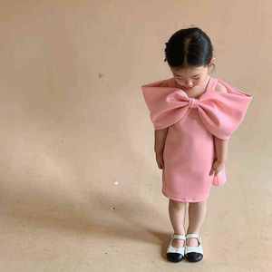 Girl's Bow Tie Suspender Dress 2021 Summer New Children's Korean Cute Sweet Crew Neck Solid Color Princess Dress G220428