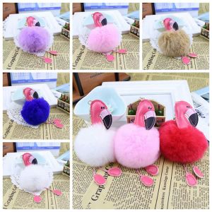 Cute Fluffy Pompom Flamingo Keychain Women Faux Rabbit Fur Ball Pompon Key Chain Car Bag Pom Key Rey Ring Holder Party Gifts