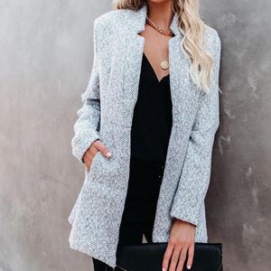 Damenanzüge Blazer Herbst Winter Frauen Stehkragen Langarm Dick Schlank Mittellanger Mantel JackeHerbst DickDamen