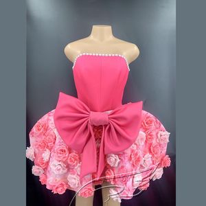 Scenkläder söt rosa roseform kort klänning kvinnor ärmlös bownot födelsedag firar outfit nattklubbdräkt xs1094Stage