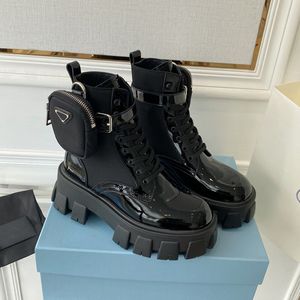 Designer-Monolith-Stiefel aus Leder und Nylongewebe, knöchelhoher Martin-Stiefel für Damen, Plateau-Dessert mit abnehmbarer Tasche, klobige Blocksohle