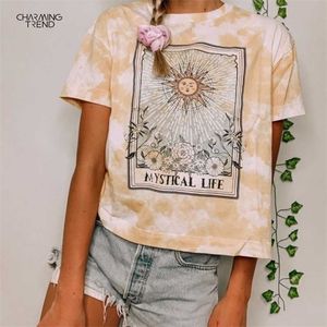 Summer Casual T-shirt Sun Print Loose O-Neck Kort ärm överdimensionerad kvinnlig retro lång t-shirt Summer Tees Tops High Quality 210702