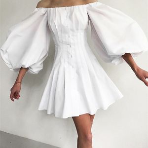 Ootn elegancki na ramię mini sukienkę dla kobiet w rękawie latarnia letnia sukienka koszuli moda solidne sukienki do ciała dla kobiety 220511