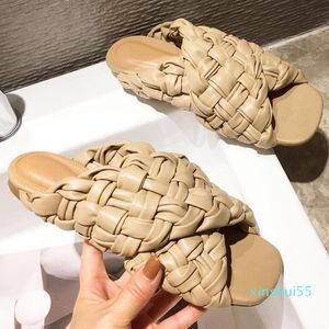 Mode-Luxus Design Weave Slides Frauen Wohnungen Hausschuhe Blau Sommer Outdoor Sandalen Dame Strand Peep Toe Nude Schuhe