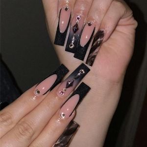 False Nails 24Pcs Black French Long Ballet With Glue Gradient Smoked Rhinestone Design Wearable Fake Nail Tip ABS Press On NailsFalse