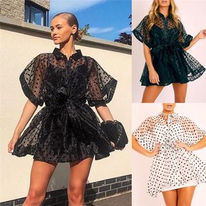 Sexy Women See Through Dress Party Mesh Sheer Tulle Lace Dot Print Short Sleeve High Waist Lace up Beach White Black