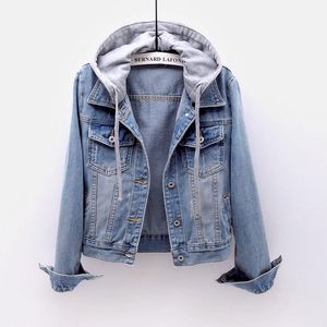 Kadın kızlar gündelik ince fit kısa ceket ile kapüşonlu uzun kollu ceket kamyoncu denim jean ceket ceket kadınlar için mavi