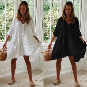 Bikini Cover Up Loose Swimwear Cotton Swimsuit Beach Dress Women Summer Lady beach cover up Bathing Suit pareo beach Wear Tunic T200416