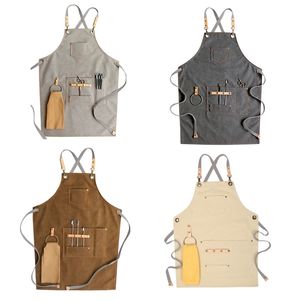 Chef Apron Cotton Canvas Cross Back Adjustable with Pockets for Women and Drop 220507