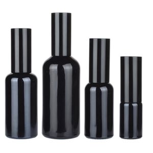 梱包光沢のある黒いガラスボトルラウンドショルダーブラックカバースパリアローションプレスポンプポータブル化粧品パッケージ補充可能なコンテナ10ml 15ml 20ml 30ml 50ml 100ml