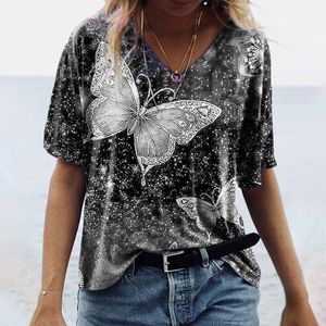 5XL 대형 여성 3D 나비 프린트 티셔츠 여름 캐주얼 반 소매 v- 넥 느슨한 풀오버 숙녀 탑 큰 크기